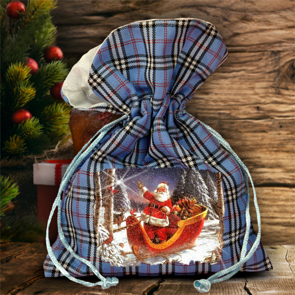 Christmas Plaid Gift Bag/ Winter Santa And Sleigh In The Woods Plaid Gift Bag With Glitter/ Rustic Blue Plaid/ Red Plaid Holiday Fabric Bag