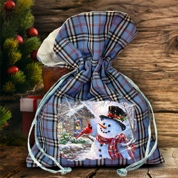 Christmas Plaid Gift Bag/ Country Snowman And Cardinal Christmas Plaid Gift Bag With Glitter/ Rustic Blue Plaid/ Red Plaid Holiday Fabric Bag