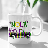 Mardi Gras Mugs/ NOLA Carnival Parade Antique Truck Harlequin Purple Green Fleur De Lis Coffee Mug Gift