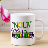 Mardi Gras Mugs/ NOLA Carnival Parade Antique Truck Harlequin Purple Green Fleur De Lis Coffee Mug Gift