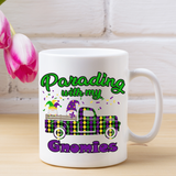 Mardi Gras Gnome Mugs/ Parading With My Gnomies Antique Truck Harlequin Purple Green Gnome Coffee Mug Gift