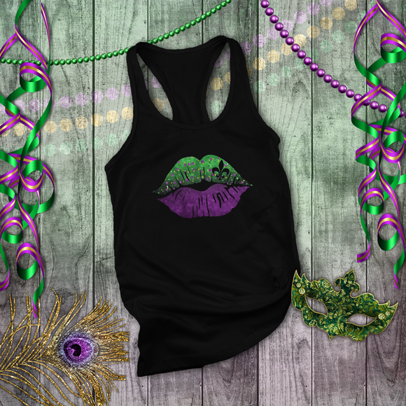 Mardi Gras Tanks/ New Orleans NOLA Purple, Green Watercolor Lips With Fleur De Lis Tank Tops