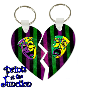 Comedy Tragedy Heart Keychain/ Mardi Gras Heart Keychain/ Mardi Gras Masks Split Heart Key Charms/ Drama Theater Mask Heart Keychain/ Key Charm