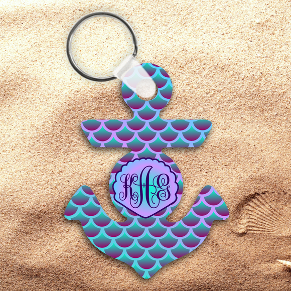 Mermaid Monogrammed Nautical Anchor Keychain/ Personalized Mermaid Nautical Anchor Key Charm/ Summer Beach Nautical Anchor Keychain