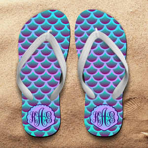 Mermaid Monogrammed Flip Flops/ Aqua Blue, Pink, Purple Flip Flops/ Custom Mermaid Summer Sandals/ Mermaid Beach Flip Flops