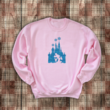 Disney Christmas Sweatshirt/ Cinderella Castle Shirt/ Winter Blue Snowflakes Glitter Mickey Mouse Holiday Fleece Sweater