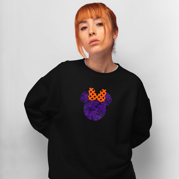 Minnie Mouse Halloween Glitter Sweatshirt/Disney Minnie Mouse Glitter Sweatshirt/Halloween Purple Minnie With Orange Polkadot Bow Sweater