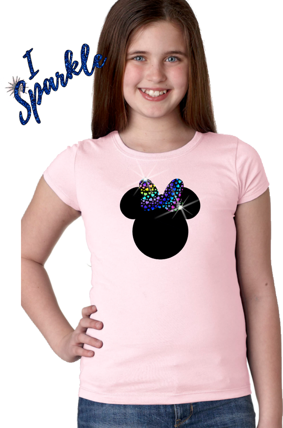 Minnie Mouse Glitter Girls Shirt/ Disney Glitter Minnie Mouse Bow Girls T-shirt/ Glitter Rainbow Colors Hearts And Polka Dots Bow Shirt