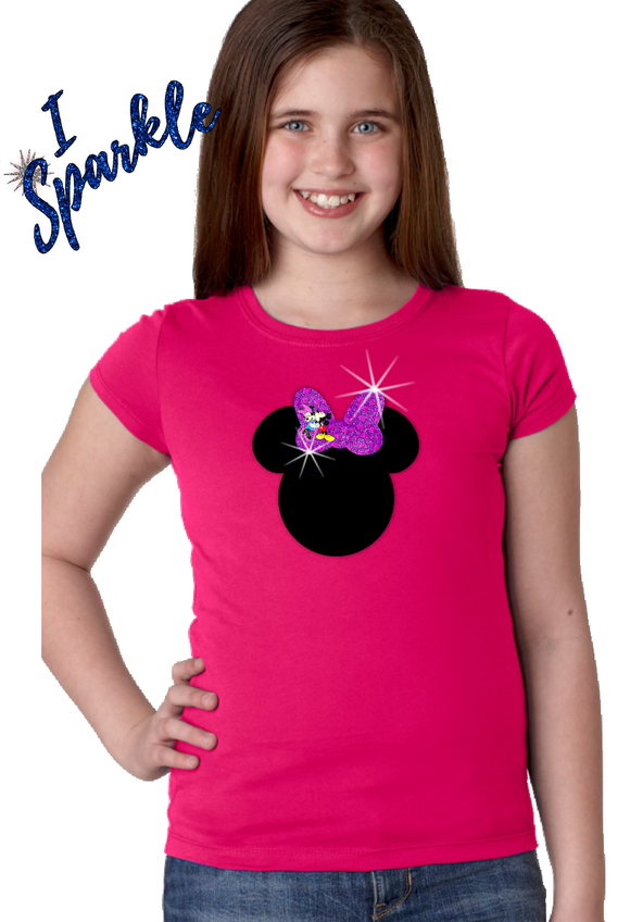 Minnie Mouse Glitter Girls Shirt/ Disney Glitter Minnie Mouse Bow Girls T-shirt/ Kissing Mickey/ Minnie With Pink Hearts Purple Bow Disney Tee
