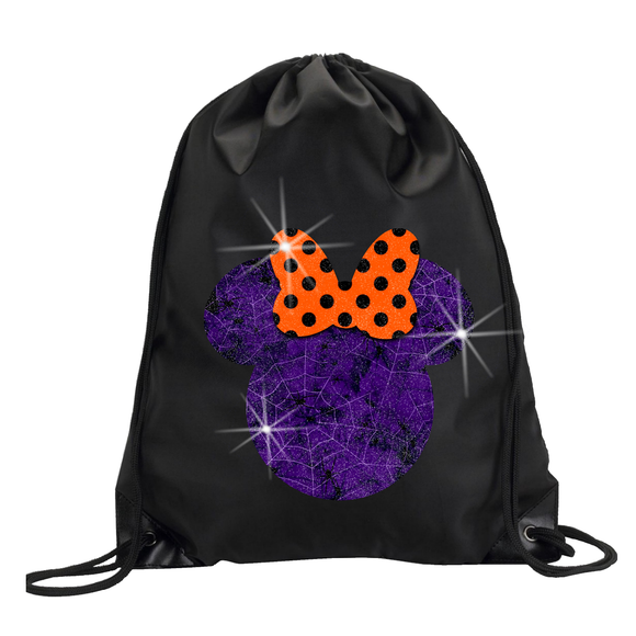 Minnie Mouse Halloween Glitter Backpack/ Disney Minnie Mouse Glitter Drawstring Bag/ Halloween Purple Minnie With Orange Polkadot Bow Bag