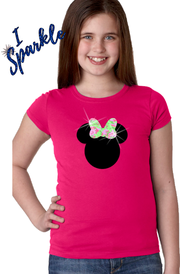 Minnie Mouse Glitter Girls Shirt/ Disney Glitter Minnie Mouse Bow Girls T-shirt/ Camo Glitter Bow/ Pink Spring Green Camouflage Disney Shirt