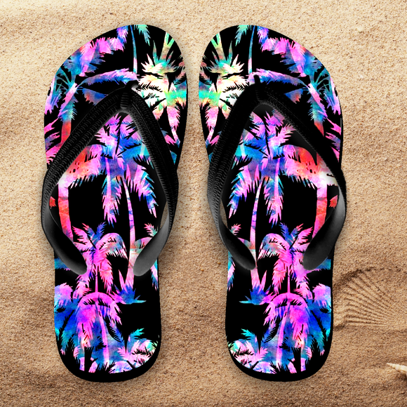 Palm Trees Flip Flops/ Tropical Beach Flip Flops / Neon Rainbow Blacklight Palm Trees Beach Sandals/ Sunset Flip Flops