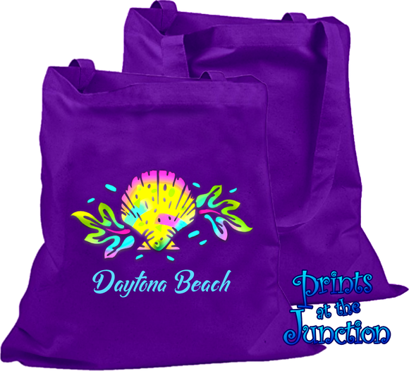 Seashell Neon Beach Tote Bag/ Tropical Hawaii Tote/ Neon Hawaii Seashell Summer Boat/ Beach/ Book/ Shopping Bag Gift/ Summer Vacation Tote