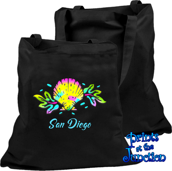 Seashell Neon Beach Tote Bag/ Tropical San Diego Tote/ Neon San Diego Seashell Summer Boat/ Beach/ Book/ Shopping Bag Gift/ Summer Vacation Tote