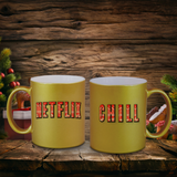 Netflix And Chill Christmas Mugs/ Red Christmas Sweater Movie Marathon Metallic Silver, Gold Couple Coffee Mugs