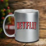 Netflix And Chill Christmas Mugs/ Red Christmas Sweater Movie Marathon Metallic Silver, Gold Couple Coffee Mugs