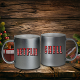 Netflix And Chill Christmas Mugs/ Red Christmas Sweater Movie Marathon Metallic Silver, Gold Couple Coffee Mugs