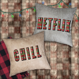 Netflix And Chill Pillows/ Ugly Christmas Sweater Couple Movie Night Faux Leather Square Pillow Zippered Cover