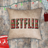 Netflix And Chill Pillows/ Ugly Christmas Sweater Couple Movie Night Faux Leather Square Pillow Zippered Cover