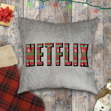 Netflix And Chill Pillows/ Ugly Christmas Sweater Couple Movie Night Faux Leather Square Pillow Zippered Cover