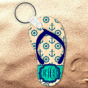 Monogrammed Nautical Flip Flop Keychain/ Chevron Anchor/ Ship Wheel Flip Flop Key Charm/ Monogrammed Flip Flop Shaped Aluminum Keychain