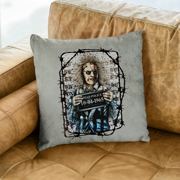 Halloween Pillow/ Beetlejuice Jailhouse Mugshot Grunge Gothic Vintage Horror Movie Faux Leather Square Pillow Zippered Cover