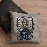Halloween Pillow/ Beetlejuice Jailhouse Mugshot Grunge Gothic Vintage Horror Movie Faux Leather Square Pillow Zippered Cover