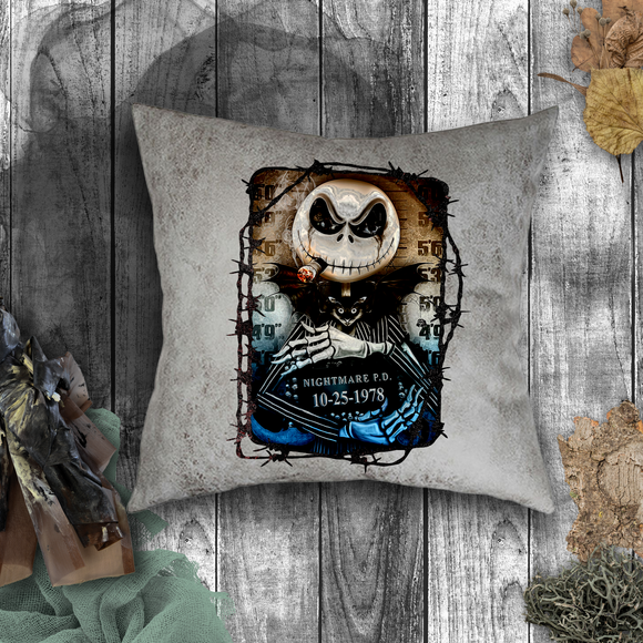 Halloween Pillow/ Jack Skellington Nightmare Before Christmas Jailhouse Mugshot Faux Leather Square Pillow Zippered Cover