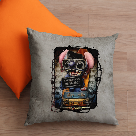 Stitch Pillow/ Stitch Elvis Jailhouse Rock Mugshot Grunge Gothic Vintage Faux Leather Square Pillow Zippered Cover