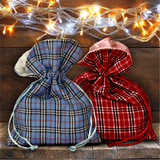 Christmas Plaid Fabric Gift Bag/ Country Christmas Plaid Gift Bag With Glitter Gold Christmas Tree/ Rustic Blue Plaid/ Red Plaid Favor Bag