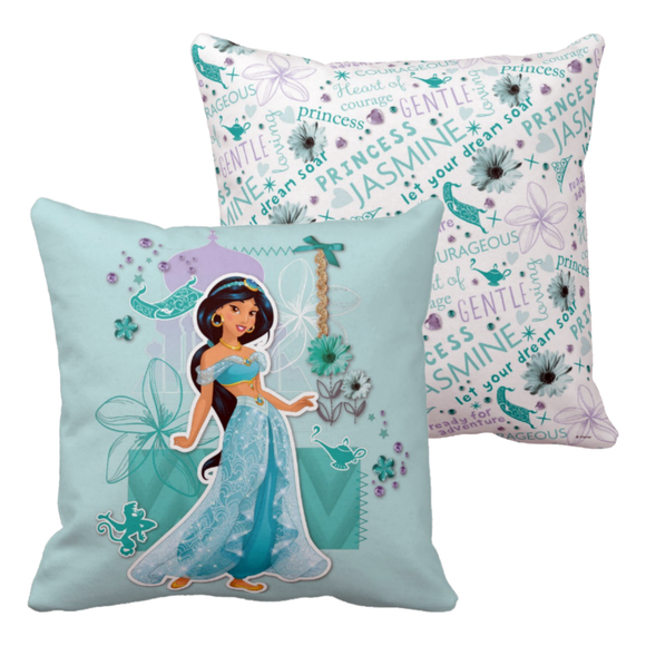 Disney Jasmine Pillow/ Disney Aladdin Room Décor/ Disney Princess Jasmine Magic Carpet Bedroom Décor Blue, Green, Pink Floral Pillow Gift