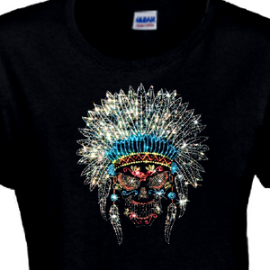 Rhinestone Sugar Skull Shirt/ Native American Headdress Skull Dia De Los Muertos Sugar Skull Women's Shirt/ Indian Day Of The Dead T-Shirt