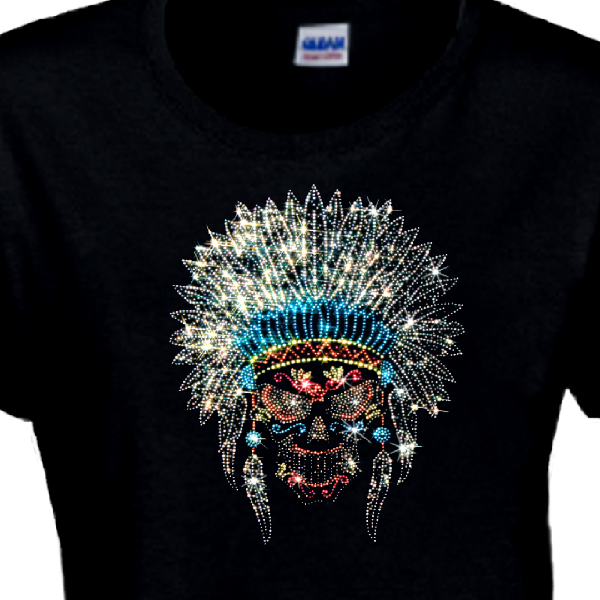 Rhinestone Sugar Skull Shirt Native American Headdress Skull Dia De L Jin Jin Junction