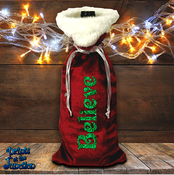 Santa Wine Bottle Gift Bag/ Santa Suit Christmas Bottle Bag/ Velvet Holiday Wine Tote Bag/ Stocking Stuffer Bag/ Believe Party, Hostess Gift Bag