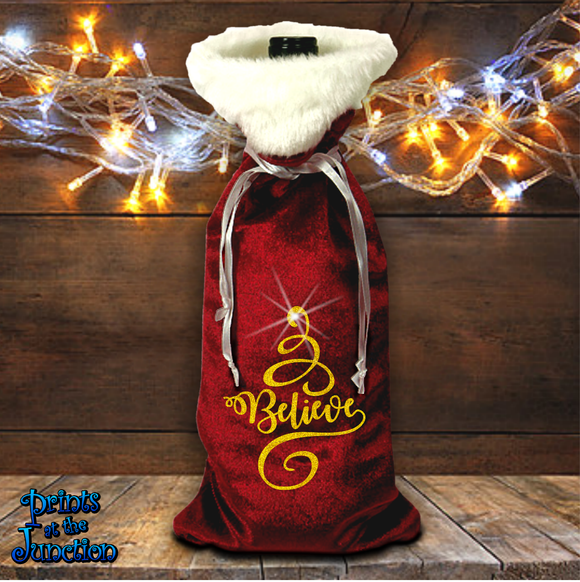 Santa Wine Bottle Gift Bag/ Santa Suit Christmas Bottle Bag/ Velvet Holiday Wine Tote Bag/ Stocking Stuffer Bag/ Gold Swirl Believe Gift Bag