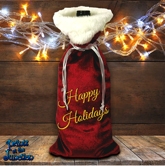 Santa Wine Bottle Gift Bag/ Santa Suit Christmas Bottle Bag/ Velvet Holiday Wine Tote Bag/ Stocking Stuffer Bag/ Happy Holidays Party Gift Bag