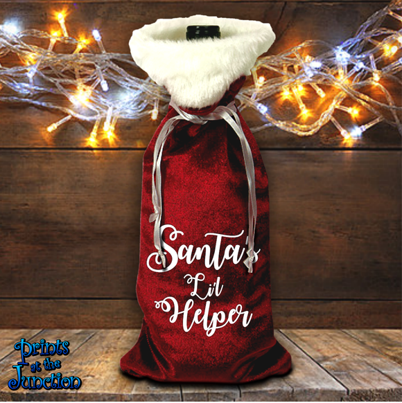 Santa Wine Bottle Gift Bag/ Santa Suit Christmas Bottle Bag/ Velvet Holiday Tote Bag/ Stocking Stuffer Bag/ Santa’s Li’l Helper Party Gift Bag