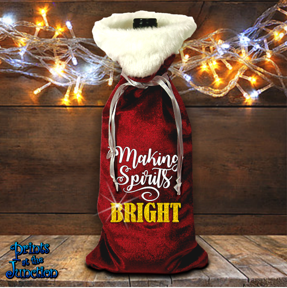 Santa Wine Bottle Gift Bag/ Santa Suit Christmas Bottle Bag/ Velvet Holiday Wine Tote Bag/ Stocking Stuffer Gift Bag/ Making Spirits Bright Bag