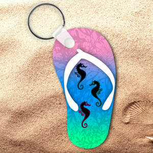 Seahorse Keychain/ Nautical Seahorses Flip Flop Keychain/ Ocean Seahorse Flip Flop Shaped Keychain/ Seahorse Art Summer Flip Flop Keychain