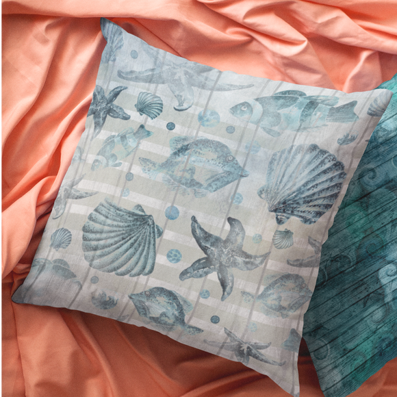 Nautical Throw Pillow/ Watercolor Seashells And Fish Striped Weathered Wood Beach Décor/ Coastal Beach Pillow Gift
