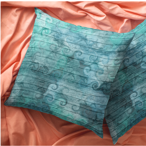 Nautical Throw Pillow/ Watercolor Shells And Waves On Sea Blue Wood Beach Décor/ Coastal Beach Pillow Gift