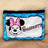 Custom Disney Sequin Cosmetic Bag/ Rose Pink, Blue Gift/ Personalized Minnie Mouse Polkadot Bow Flip Sequin Makeup Case