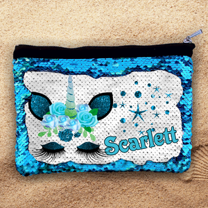 Custom Sequin Cosmetic Bag/ Mermaid Zipper Pouch Gift/ Personalized Unicorn With Blue Flowers Reversible Flip Sequin Makeup Case