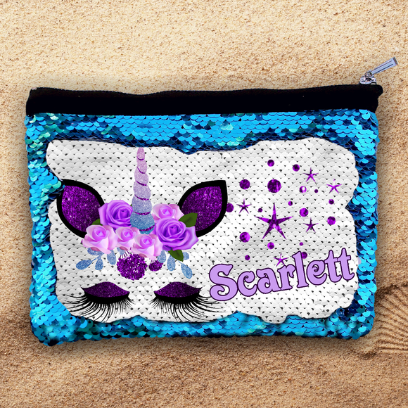 Custom Sequin Cosmetic Bag/ Mermaid Zipper Pouch Gift/ Personalized Unicorn With Purple Flowers Reversible Flip Sequin Makeup Case