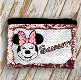 Custom Disney Sequin Cosmetic Bag/ Rose Pink, Blue Gift/ Personalized Minnie Mouse Polkadot Bow Flip Sequin Makeup Case