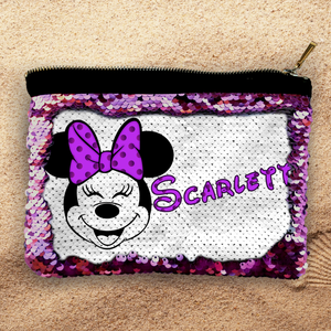 Custom Disney Sequin Cosmetic Bag/ Potion Purple Zipper Pouch Gift/ Personalized Minnie Mouse Polkadot Bow Flip Sequin Makeup Case
