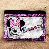 Custom Disney Sequin Cosmetic Bag/ Rose Pink, Blue Gift/ Personalized Minnie Mouse Polkadot Bow Flip Sequin Makeup Case