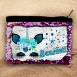 Custom Sequin Cosmetic Bag/ Mermaid Zipper Pouch Gift/ Personalized Unicorn With Blue Flowers Reversible Flip Sequin Makeup Case
