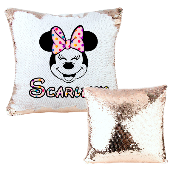 Custom Sequin Pillow/ Rose Gold Mermaid Throw Pillow Gift/ Personalized Minnie Mouse Polkadot Bow Reversible Flip Sequin Zipper Pillows