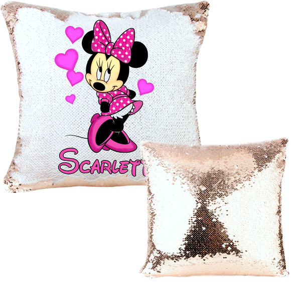 Custom Disney Valentine Sequin Pillow/ Minnie Mouse Rose Gold Mermaid Throw Pillow Gift/ Disney Personalized Reversible Sequin Pillows